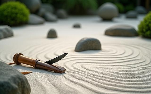 Kichijoji zen garden with traditional gardening tools