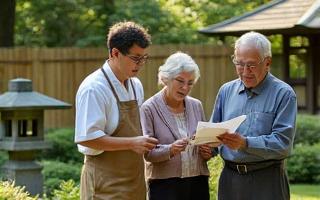 Gardener advising a client in a beautiful Japanese garden