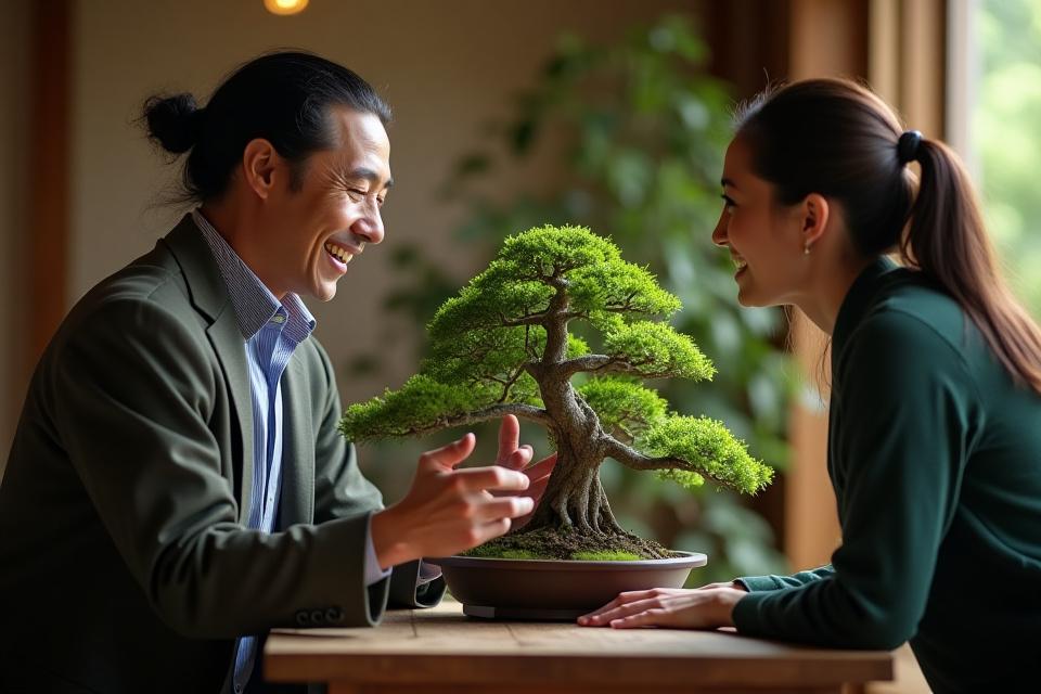 経験豊富な庭園コンサルタントが顧客に日本の盆栽について熱心に説明している様子