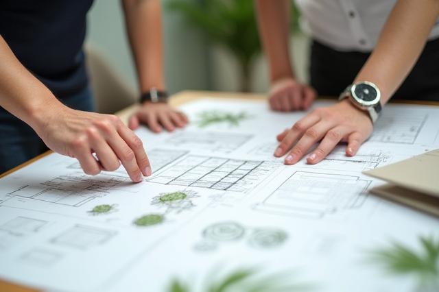 設計図と植物のスケッチが広げられたテーブルを囲む庭園デザイナーと顧客