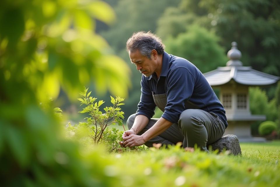 プロの庭師が美しい日本庭園で剪定作業をしている様子