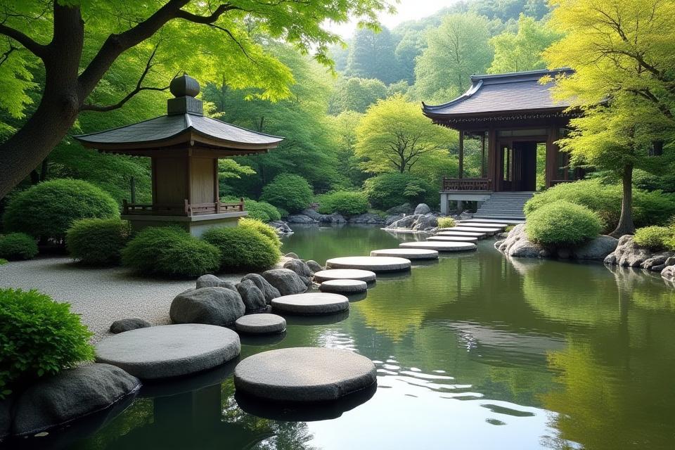 手入れの行き届いた池と石灯籠のある静かな日本庭園