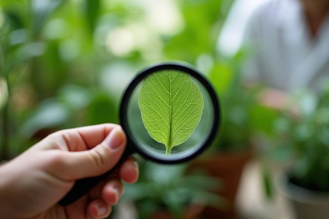 虫眼鏡で植物の葉を検査している専門家
